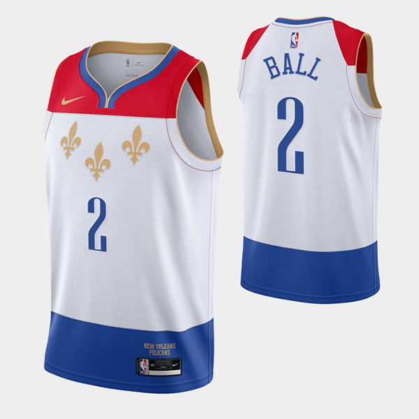 Men's New Orleans Pelicans #2 Lonzo Ball White NBA City Edition New Uniform 2020-21 Stitched Jersey Men's New Orleans Pelicans #2 Lonzo Ball White NBA City Edition New Uniform 2020-21 Stitched Jersey